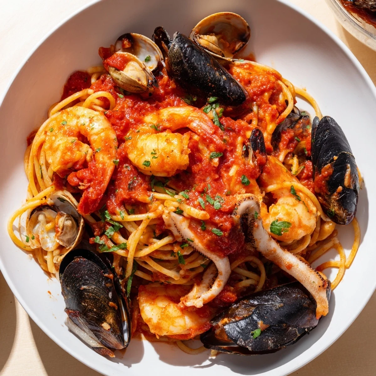 A visually appetizing bowl of Seafood Marinara Pasta, garnished with fresh parsley and lemon wedges.