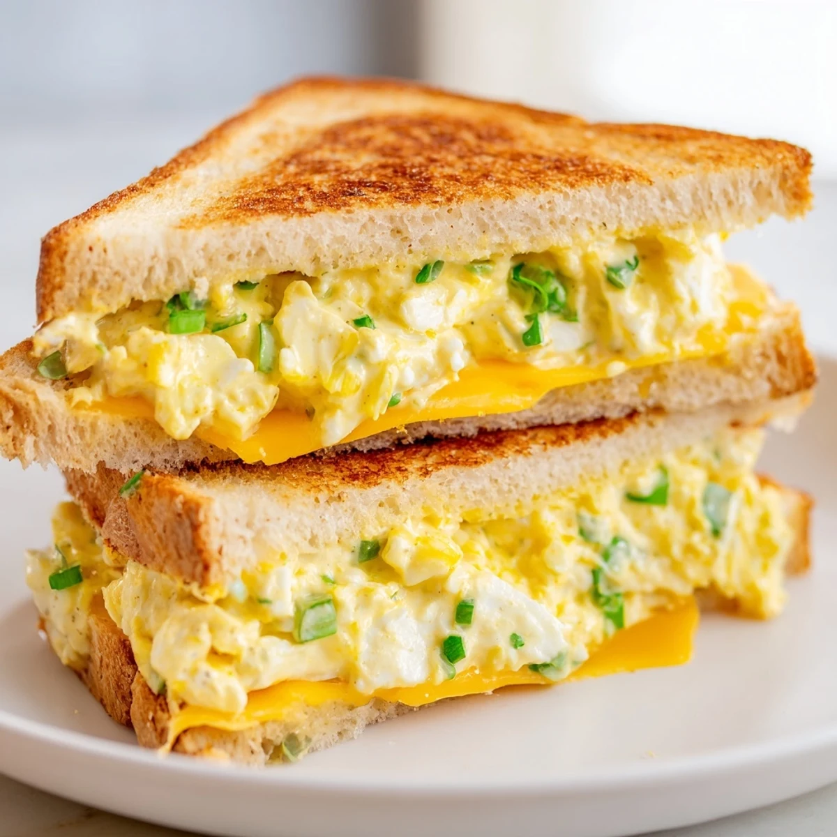 Golden, bubbly Egg Salad Grilled Cheese sandwich, a satisfying, cheesy, and hearty lunch option.