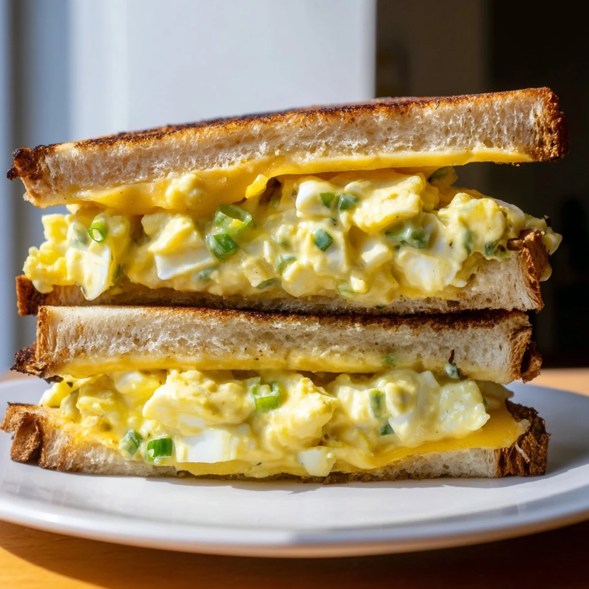 Melted cheese spills from this warm Egg Salad Grilled Cheese, a delicious and easy American meal.