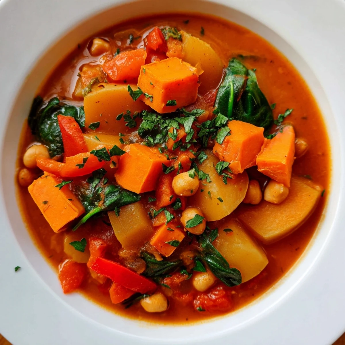 This thick, savory Hearty Vegan Sweet Potato Stew simmers with tender vegetables and beans, delicious.