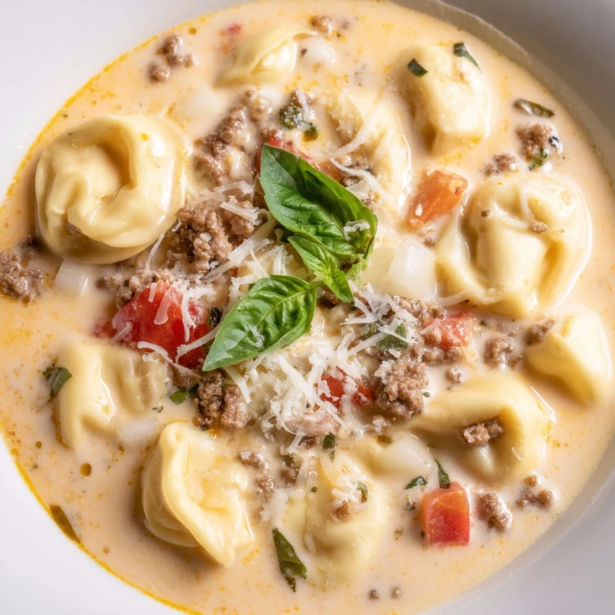 Steaming bowl of Tortellini Beef Soup, brimming with tender pasta and rich, flavorful broth ready to eat.