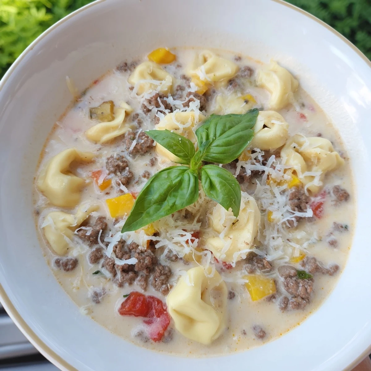 Close-up of a cheesy, creamy Tortellini Beef Soup, showcasing ground beef and vegetables for a comforting meal.