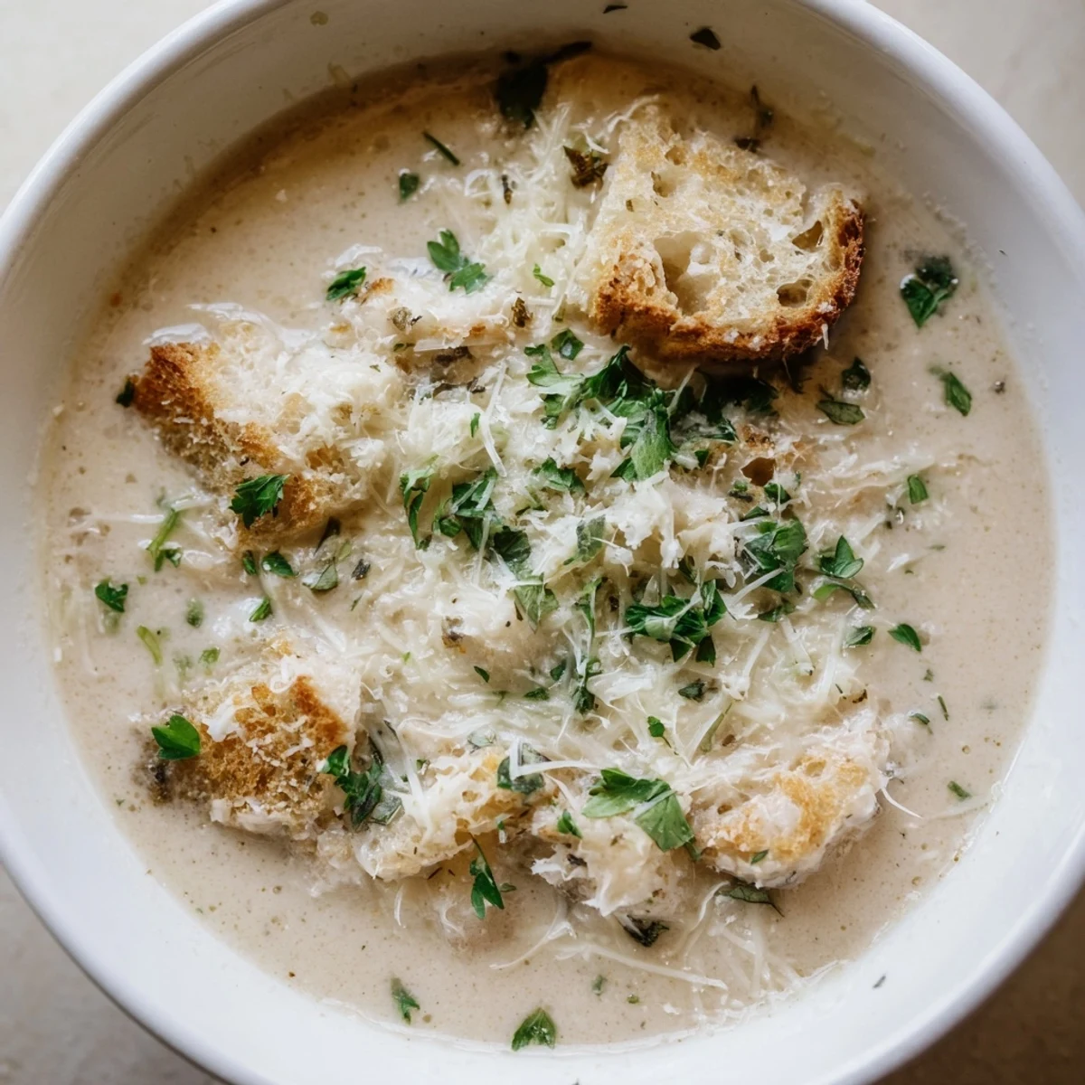 Creamy Garlic Bread Soup: A close-up of the smooth, velvety soup garnished with fresh parsley.