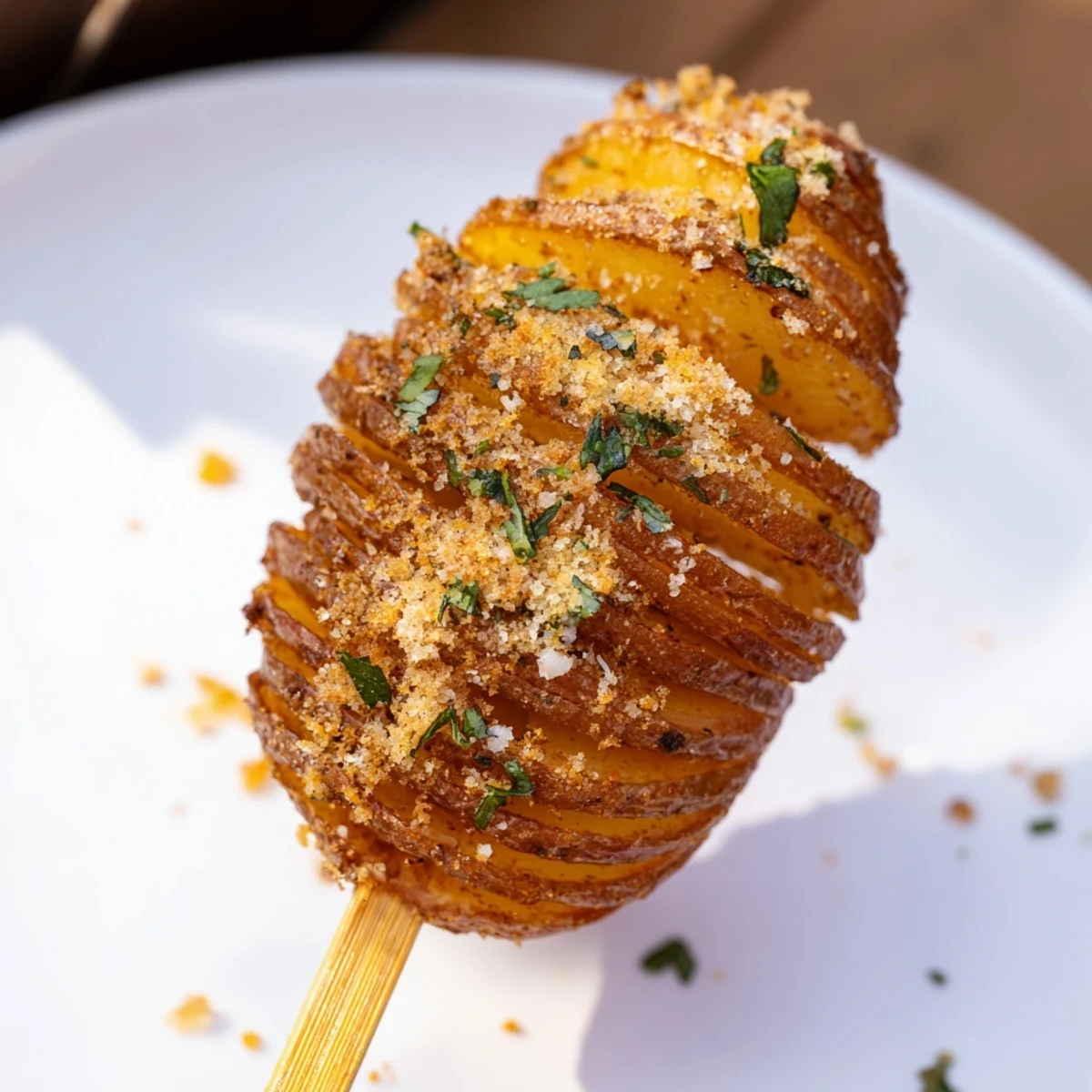 Close-up of freshly baked Tornado Potatoes; spirals are golden-brown and seasoned, ideal side dish.