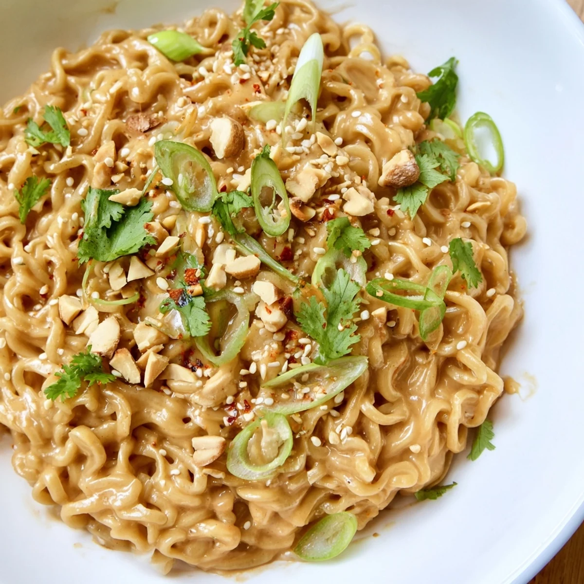 Steaming Instant Peanut Thai Sauce Noodles tossed with a thick, peanut-chili sauce and fresh herbs.