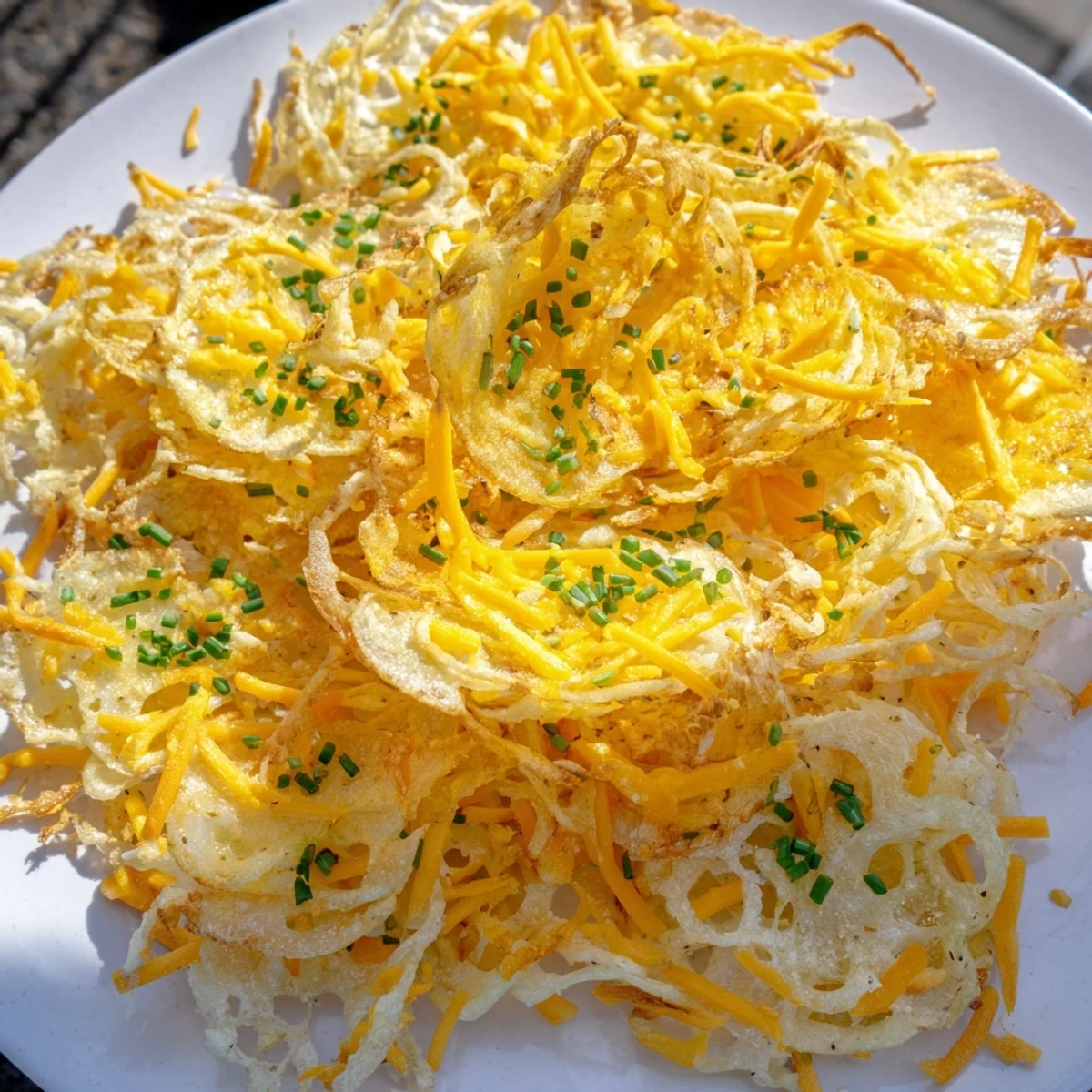 Air-fried onion cheese chips with melted, bubbly cheese and browned onion edges—a delicious appetizer.