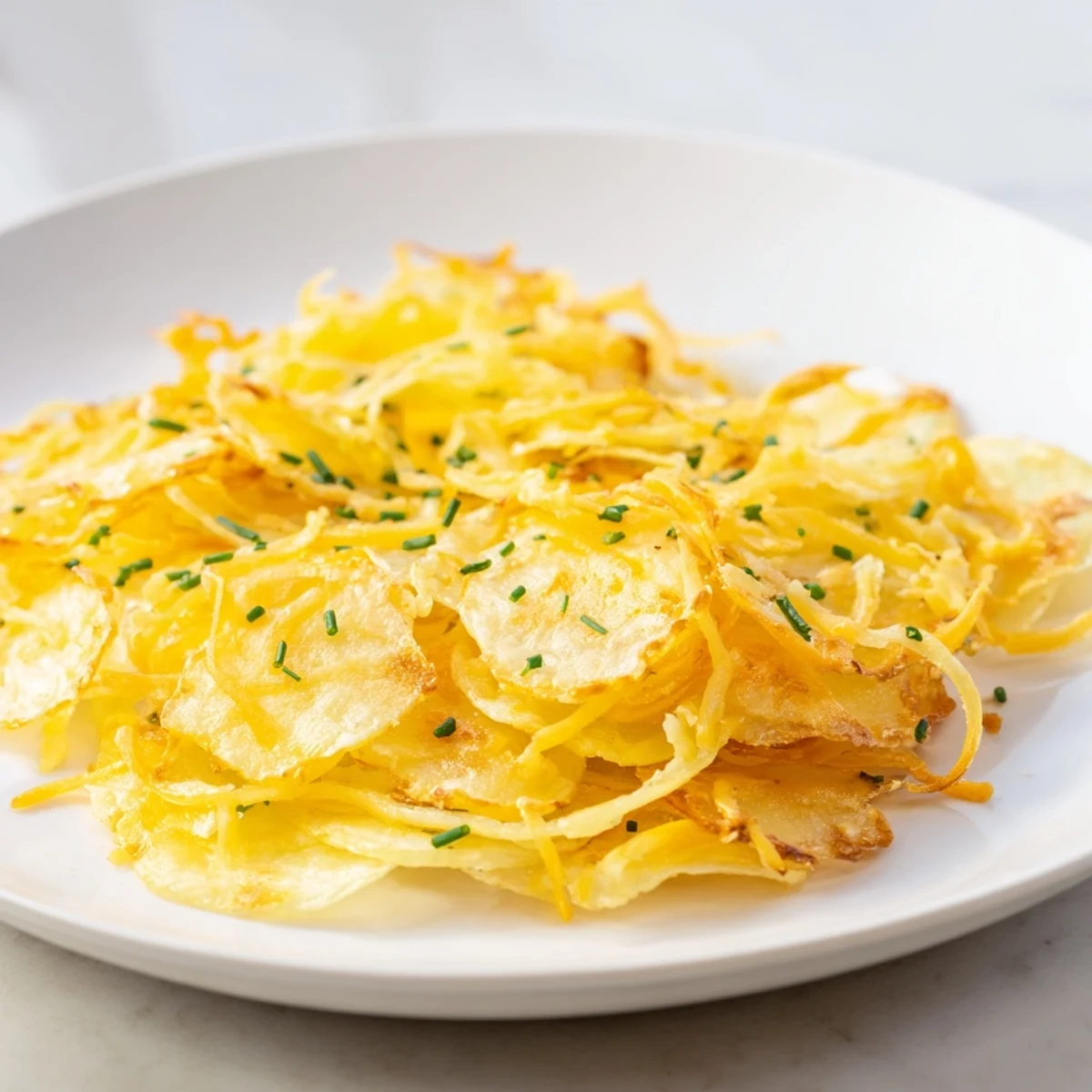 Golden, crispy onion cheese chips piled on a white plate, ready for a satisfying, savory snack.