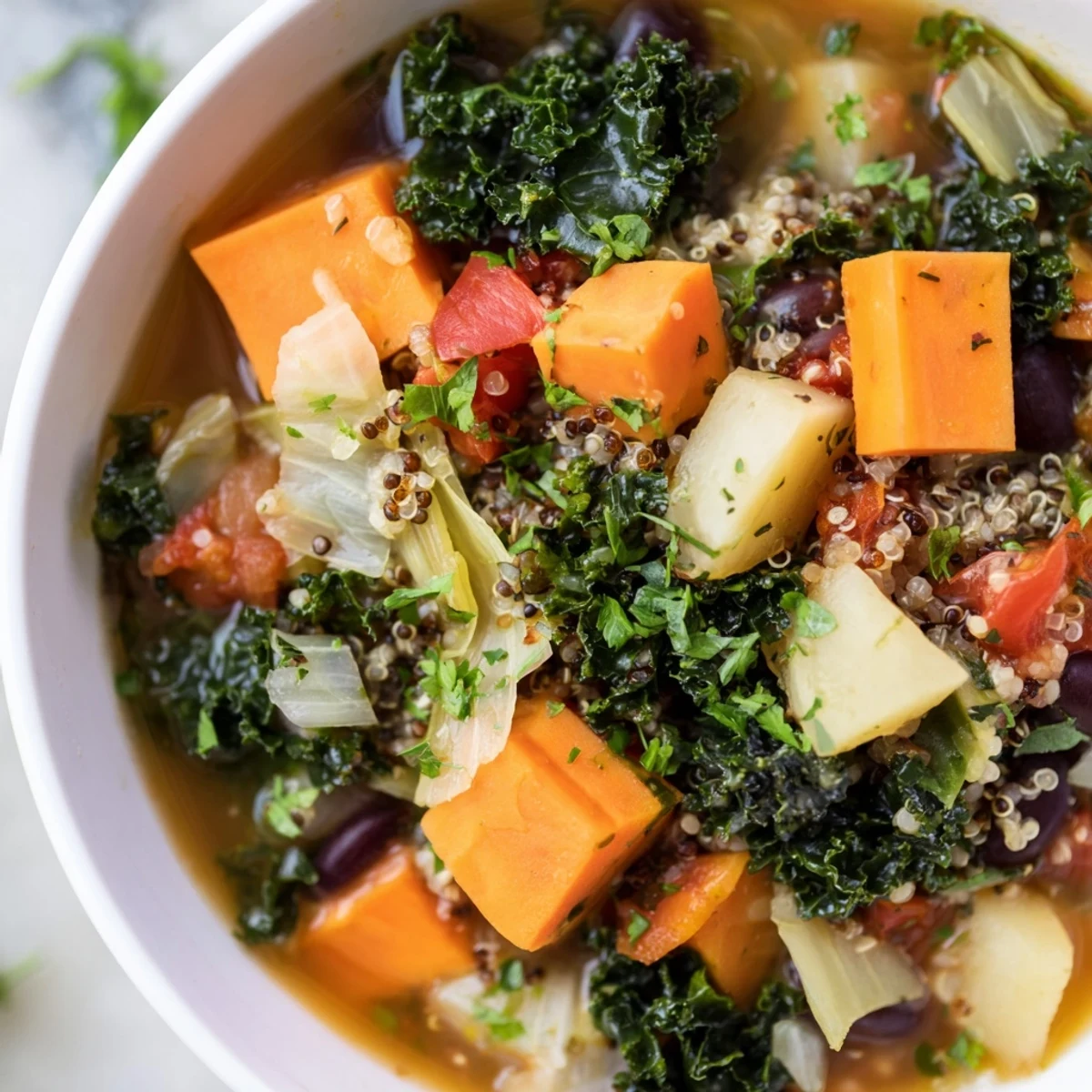 Enjoy a comforting bowl of homemade Nourishing Winter Veggie Soup with savory quinoa and fresh parsley.