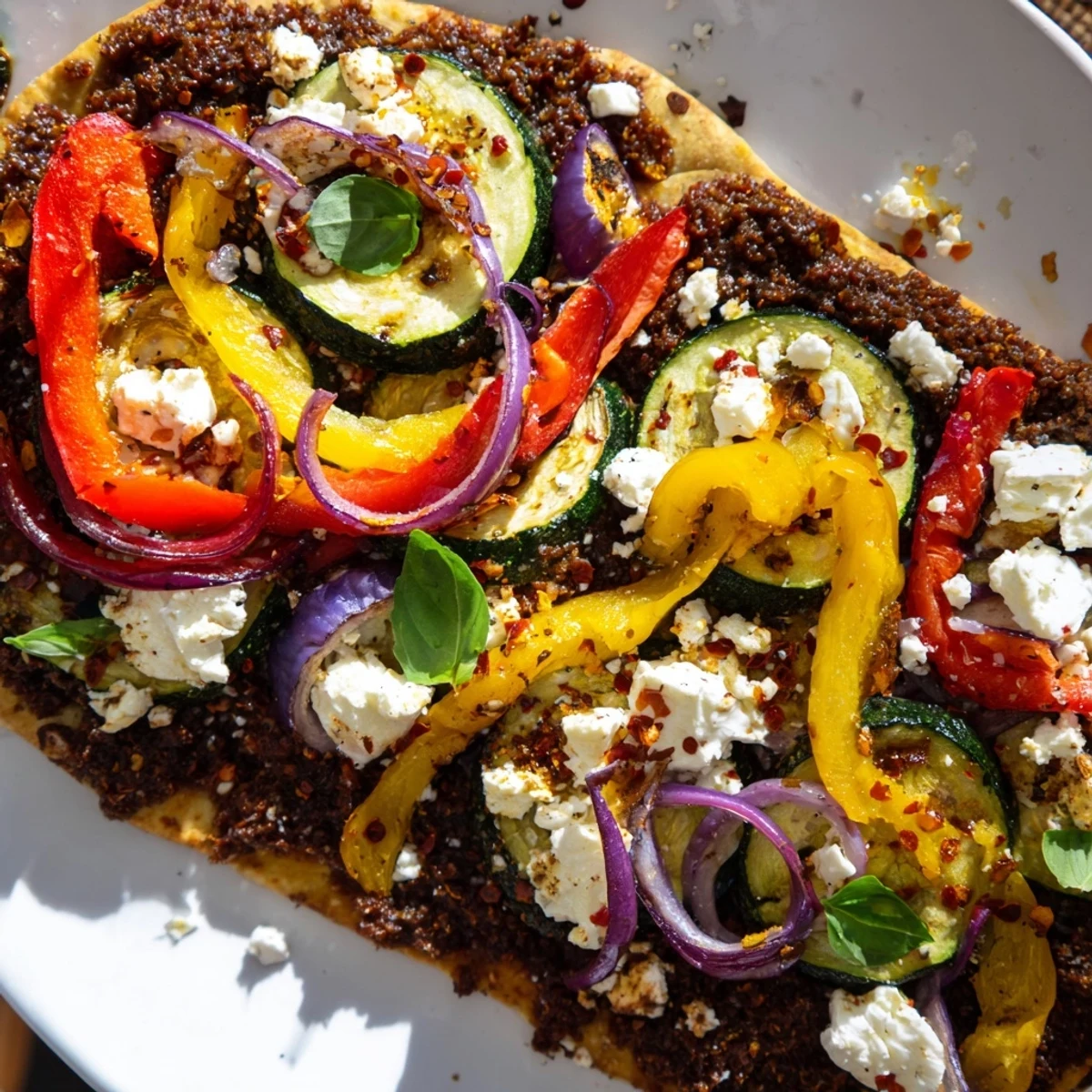 Naan bread pizza features vibrant roasted vegetables, creamy feta, and savory olive tapenade.