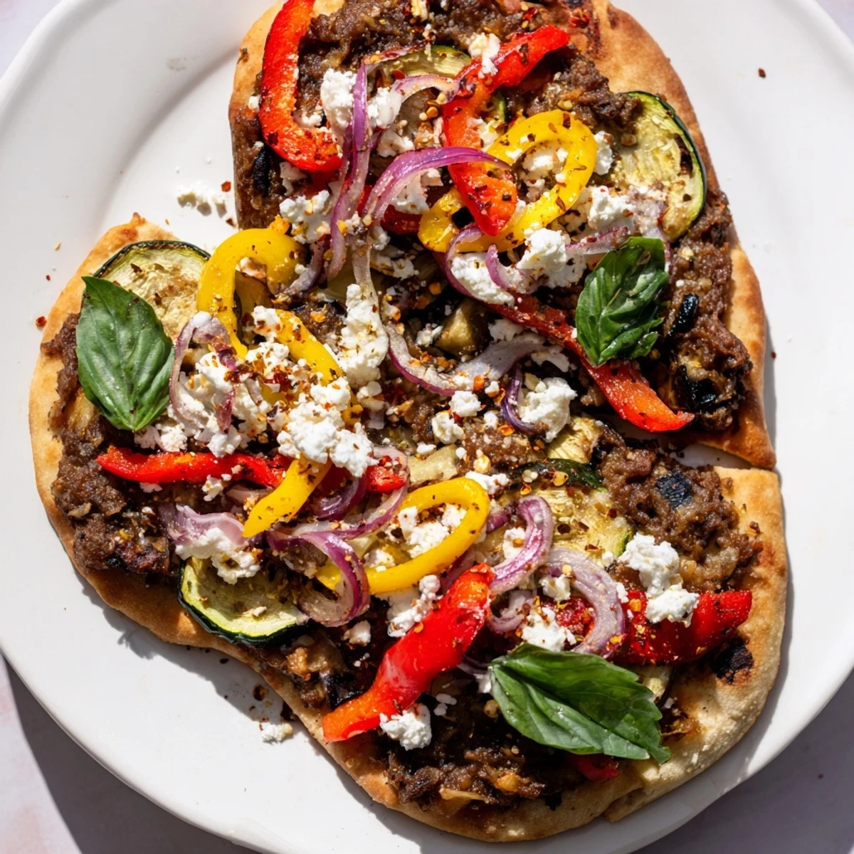 Crispy naan bread topped with Mediterranean flavors: olive tapenade pizza with feta cheese.