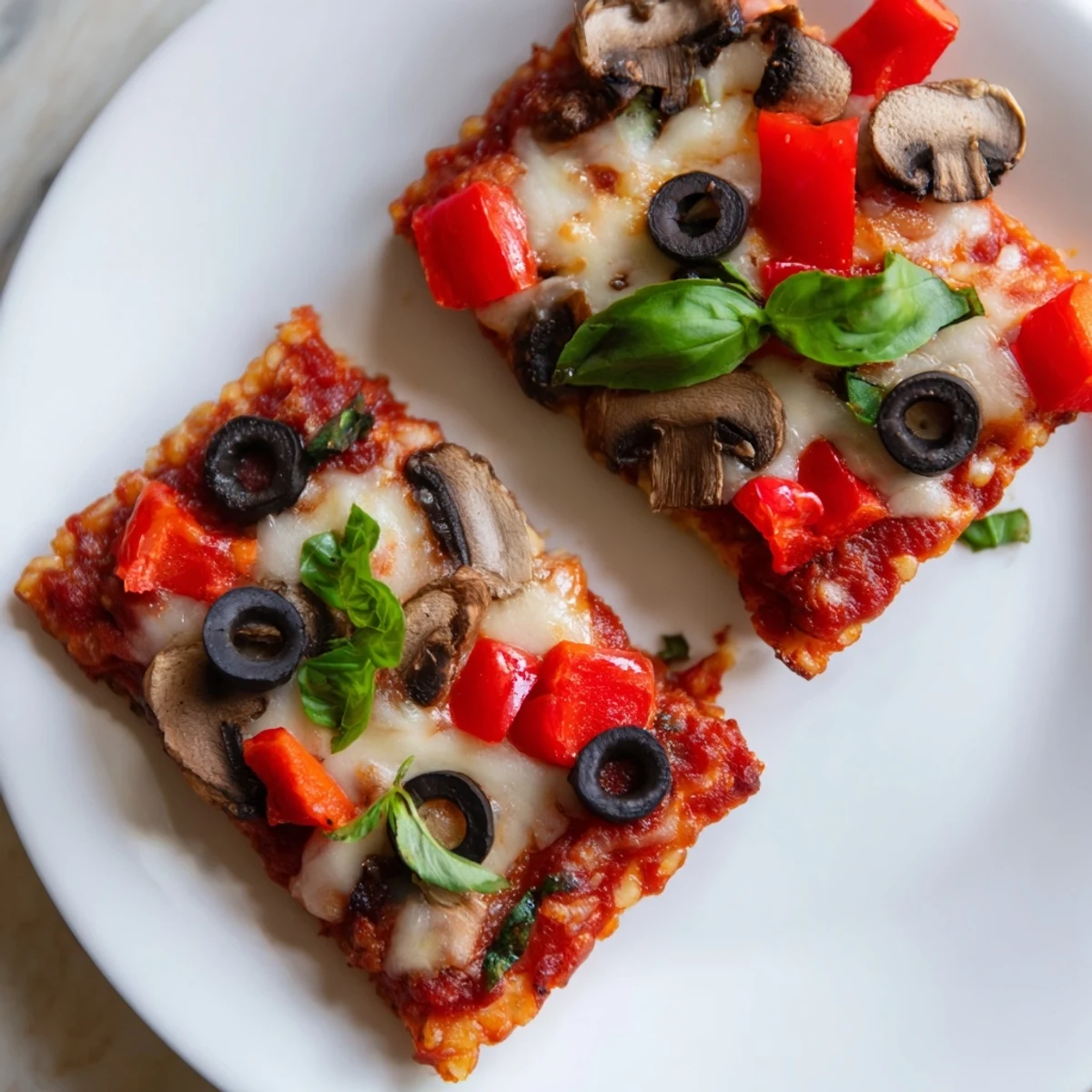 Close-up of crispy Rice Cake Pizza Squares, showcasing a variety of colorful veggie toppings.