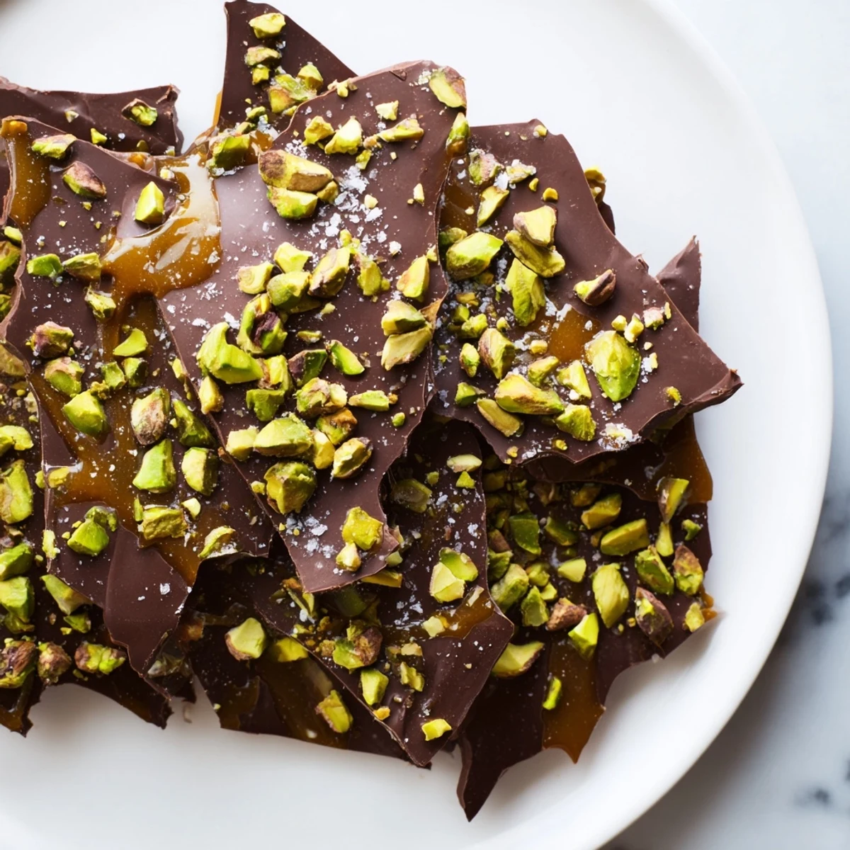Delectable Pistachio Salted Caramel Bark showcasing a rich layer of caramel nestled on dark chocolate with pistachios.