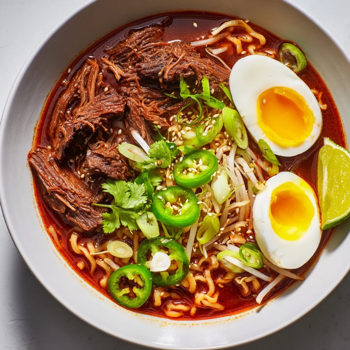A steaming bowl of Chaos Cooking Birria Ramen, filled with tender beef and vibrant toppings.