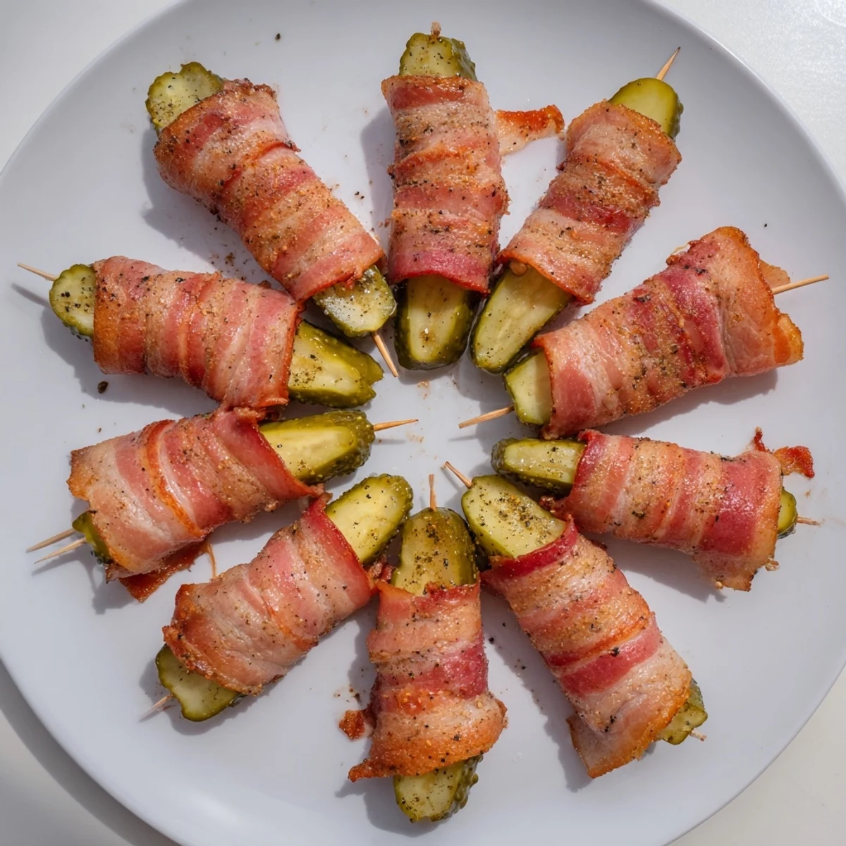 Golden-brown bacon-wrapped pickles on a rustic wooden board, served warm with a side of creamy ranch dip.