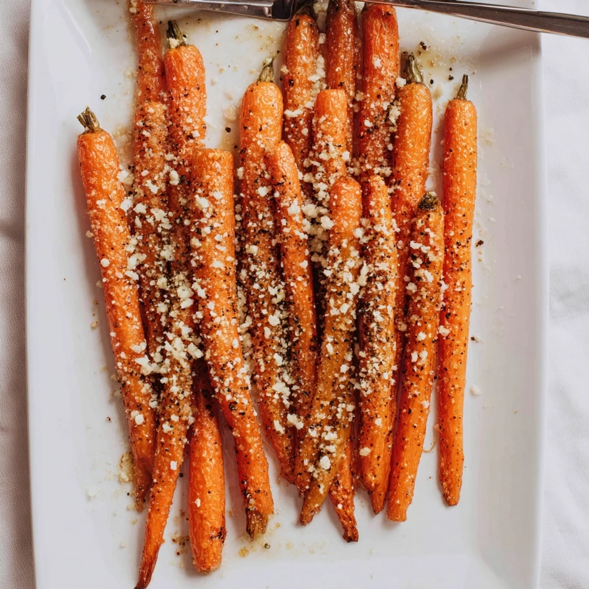 Golden roasted baby carrots tossed in Parmesan and honey, caramelized and crisp on a baking sheet.