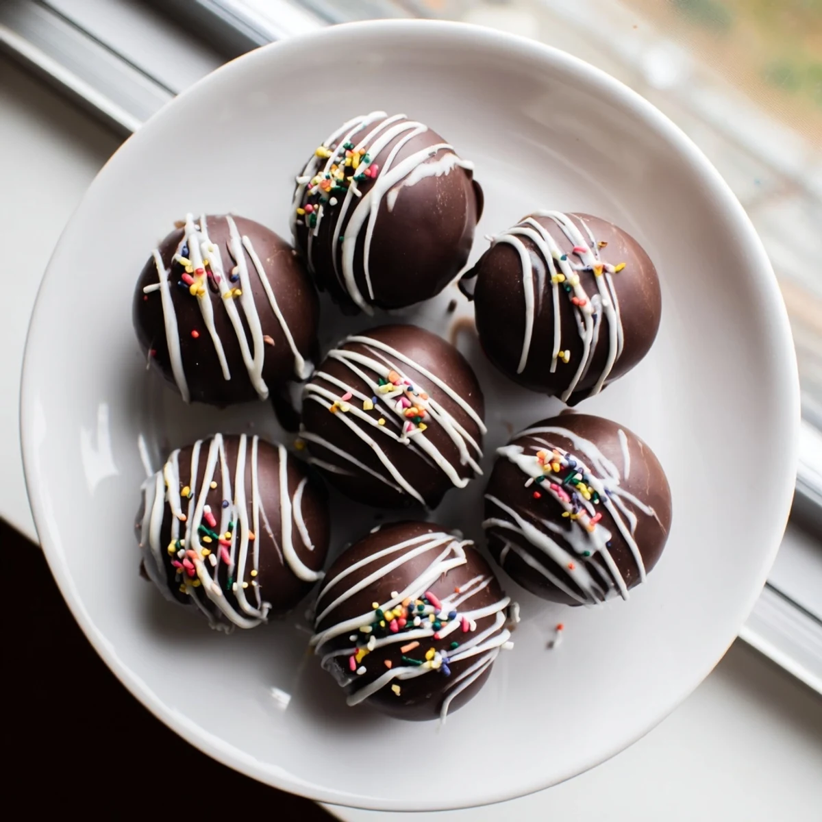 Close-up of homemade hot chocolate bombs arranged on a white plate, showcasing rich dark chocolate shells drizzled with white chocolate and topped with colorful sprinkles. 