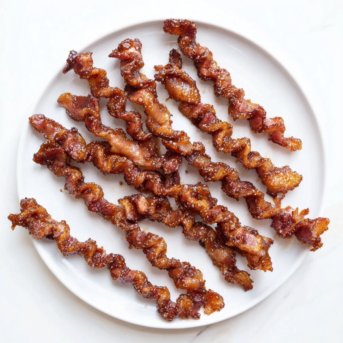 Golden brown Spiced Bacon Twists glistening with cinnamon sugar on a wire rack, ready to serve as a crispy appetizer.  