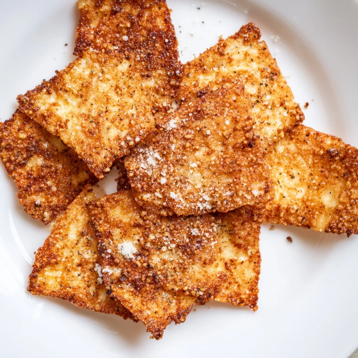 A close-up of thin, baked Cottage Cheese Chips with a crunchy edge, served on a rustic wooden board with dipping sauce.