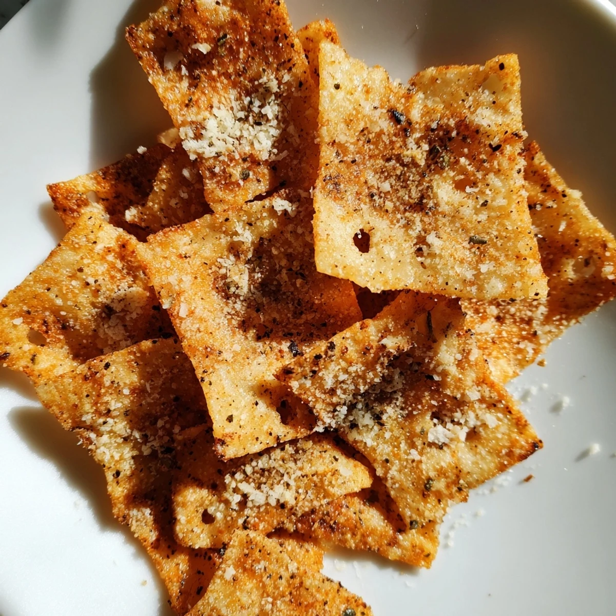 Overhead view of golden Cottage Cheese Chips on a silicone baking mat, ready to be enjoyed fresh from the oven.