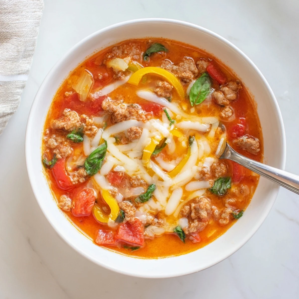 Steamy bowls of Pizza Soup with melted mozzarella and fresh basil garnish, perfect for a cozy dinner on a chilly evening.  