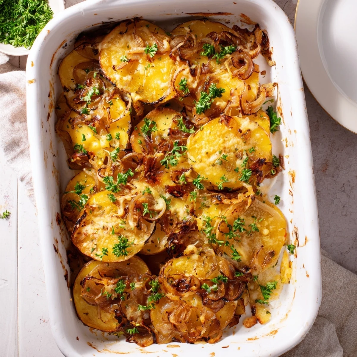 Golden roasted potato slices layered with caramelized onions and melted Gruyère cheese, creating a savory French Onion Soup Potatoes casserole side dish.