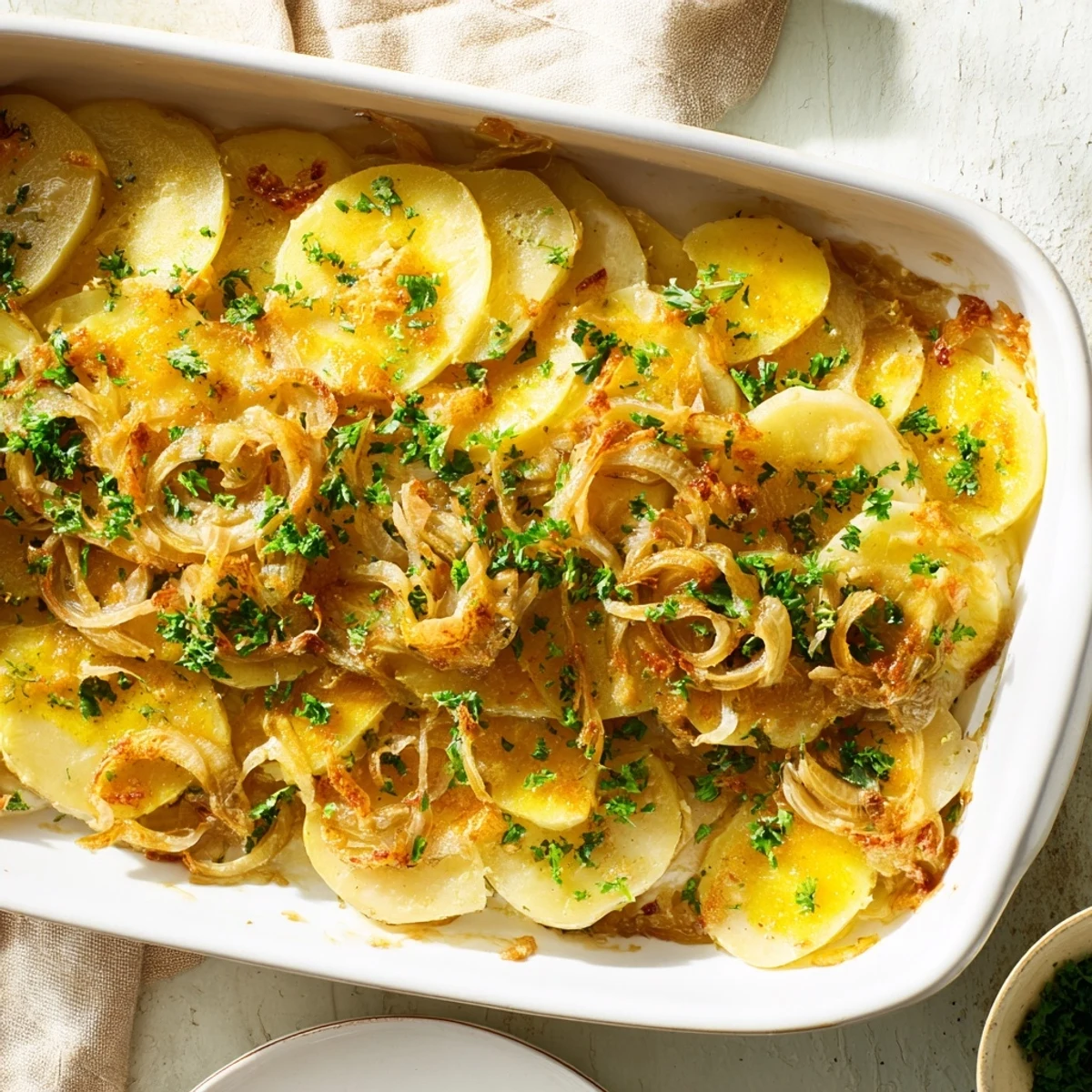A close-up of French Onion Soup Potatoes, featuring bubbly golden cheese and tender potatoes topped with sweet, deeply caramelized onions on a rustic plate.