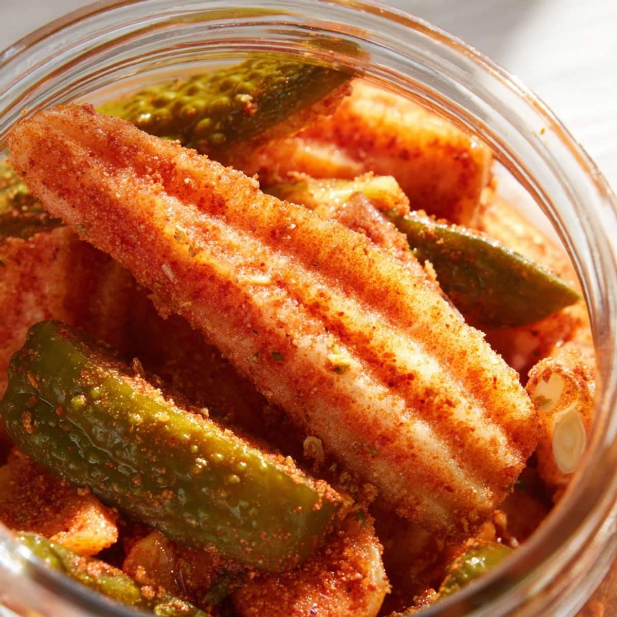 Brightly spiced Taco Pickles submerged in seasoned brine, ready to chill for zesty snacking.  