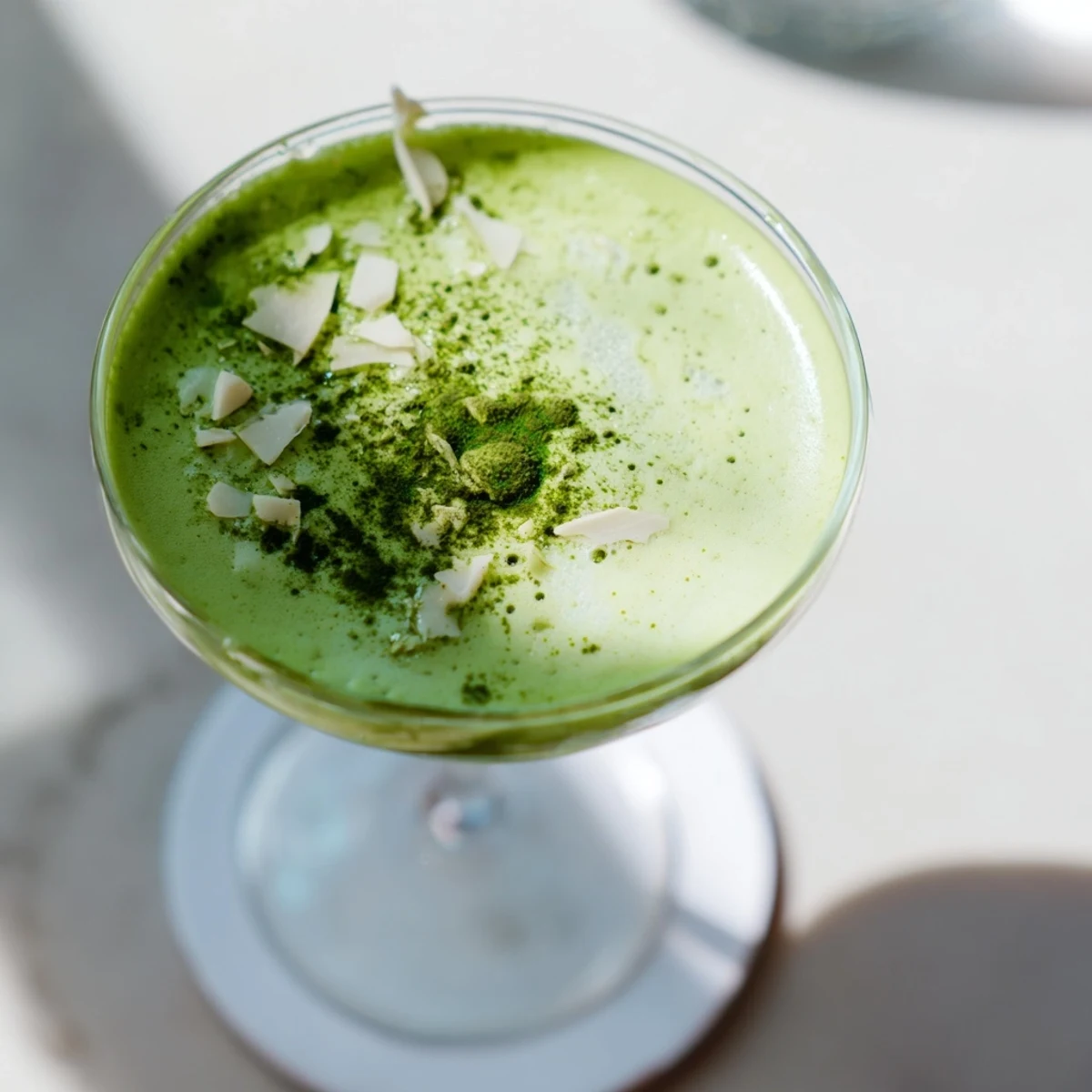 A vibrant Matcha Martini cocktail in a chilled glass, topped with a light dusting of frothy green matcha powder.  
