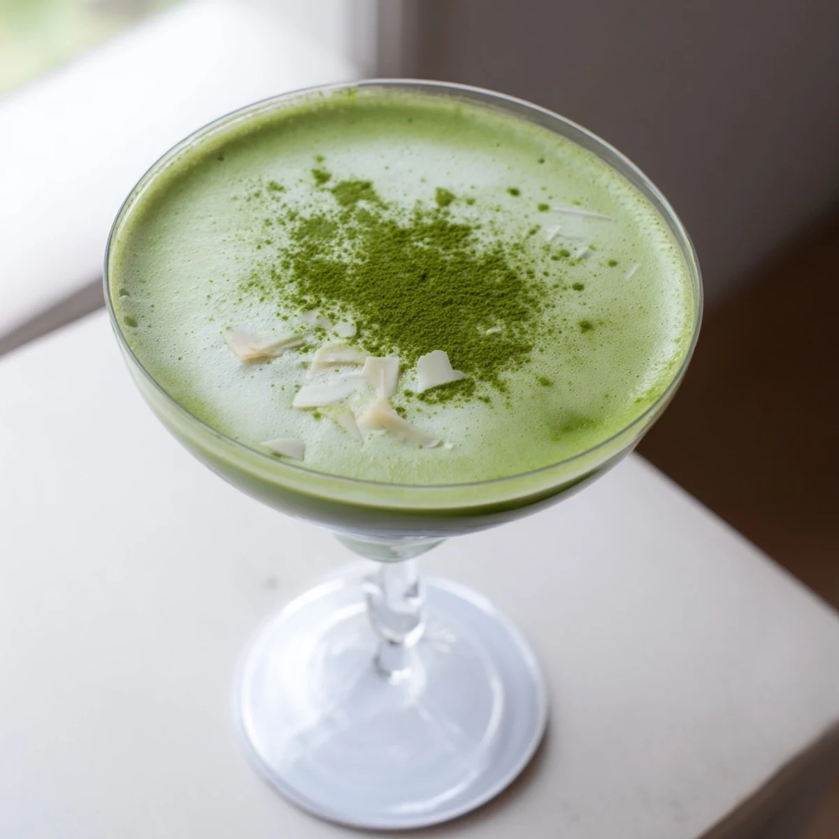A frothy, emerald Matcha Martini cocktail served in a martini glass, offering a refreshing Japanese-inspired twist.