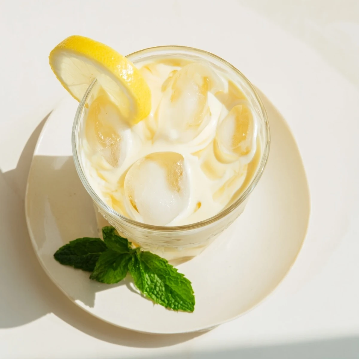 Creamy Lemonade Drink in a glass filled with ice, garnished with lemon slices and fresh mint leaves.