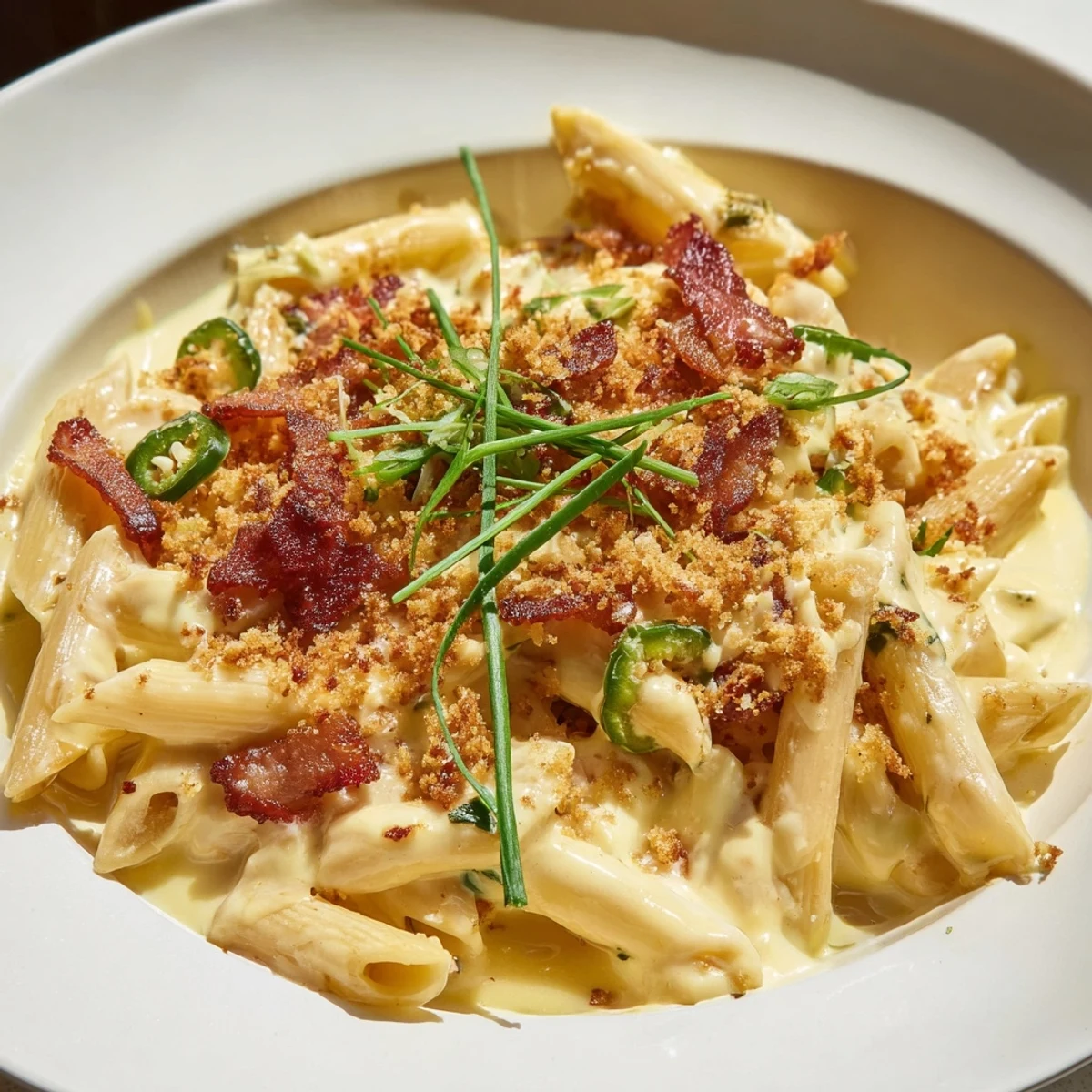 Creamy Jalapeño Popper Pasta with roasted peppers, crispy bacon, and a rich cheese sauce, served steaming hot.