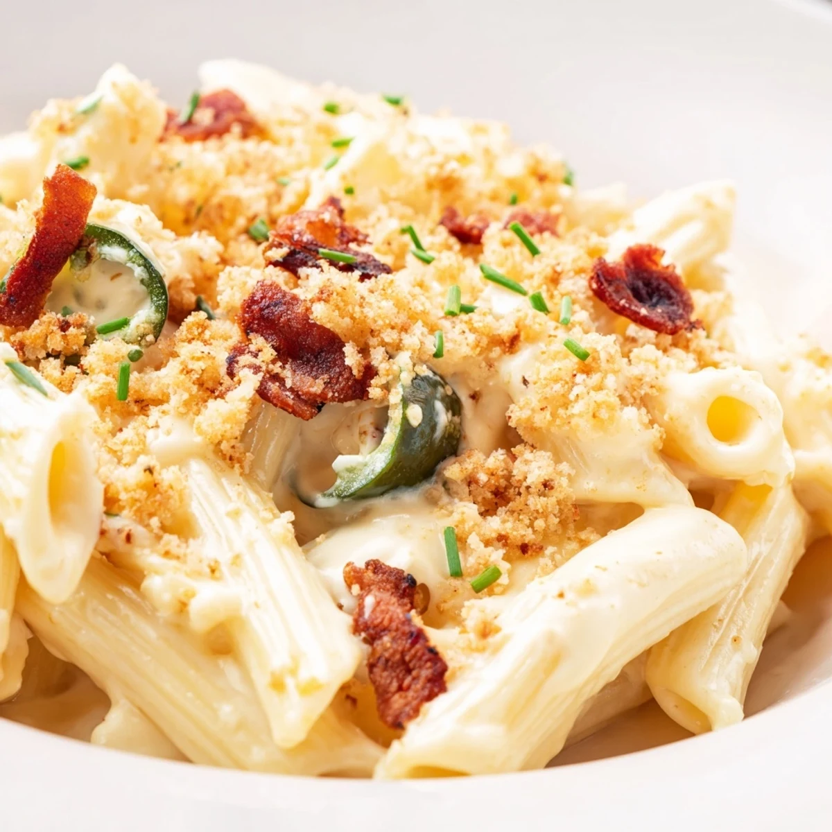 Comforting Jalapeño Popper Pasta twirled on a fork, featuring melted cheese, jalapeños, and golden toasted panko.