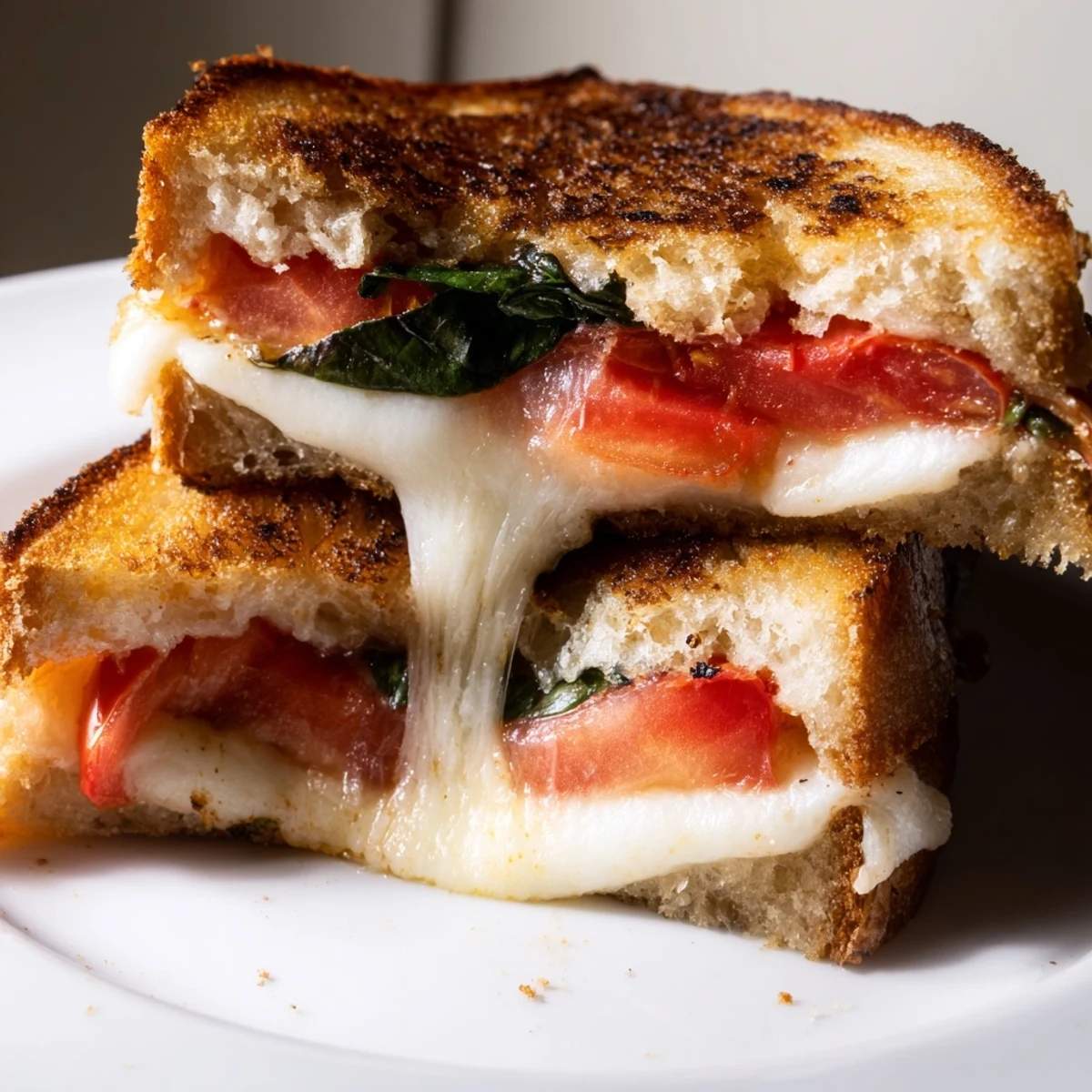 Golden-brown Tomato Basil Grilled Cheese on sourdough bread, melted mozzarella oozing between fresh tomato slices and basil leaves.  