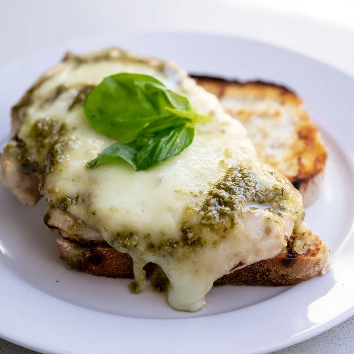 Grilled chicken breast with melted mozzarella and pesto on toasted ciabatta, stacked high for a hearty sandwich.