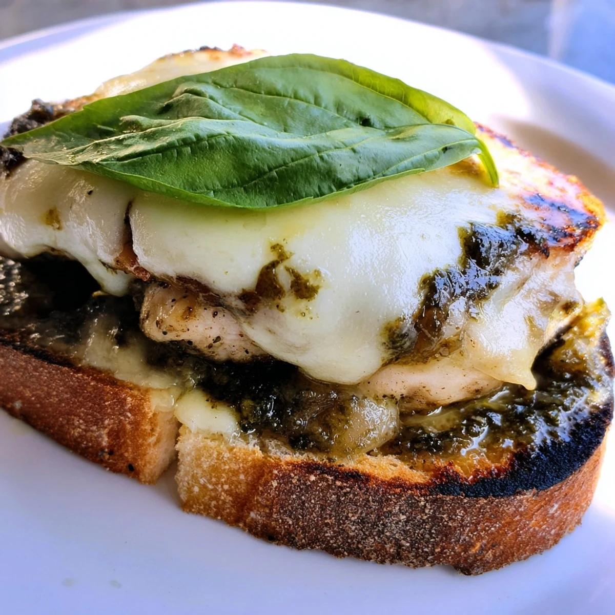 Golden ciabatta holds gooey melted mozzarella and juicy grilled chicken in this delicious Pesto Chicken Melt sandwich.