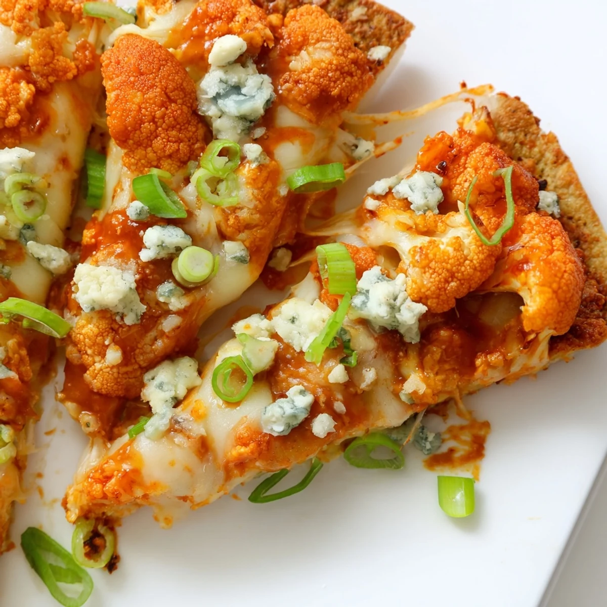 Buffalo Cauliflower Pizza served on a rustic board with melted mozzarella, sliced green onions, and a side of extra buffalo drizzle.