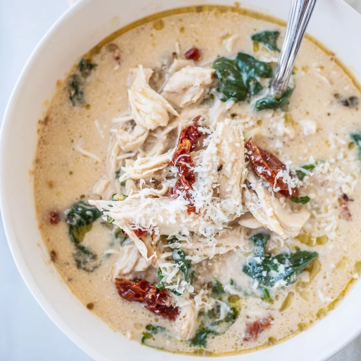 Creamy Tuscan Chicken Soup steaming in a rustic bowl, garnished with fresh spinach, grated Parmesan, and sun-dried tomatoes.