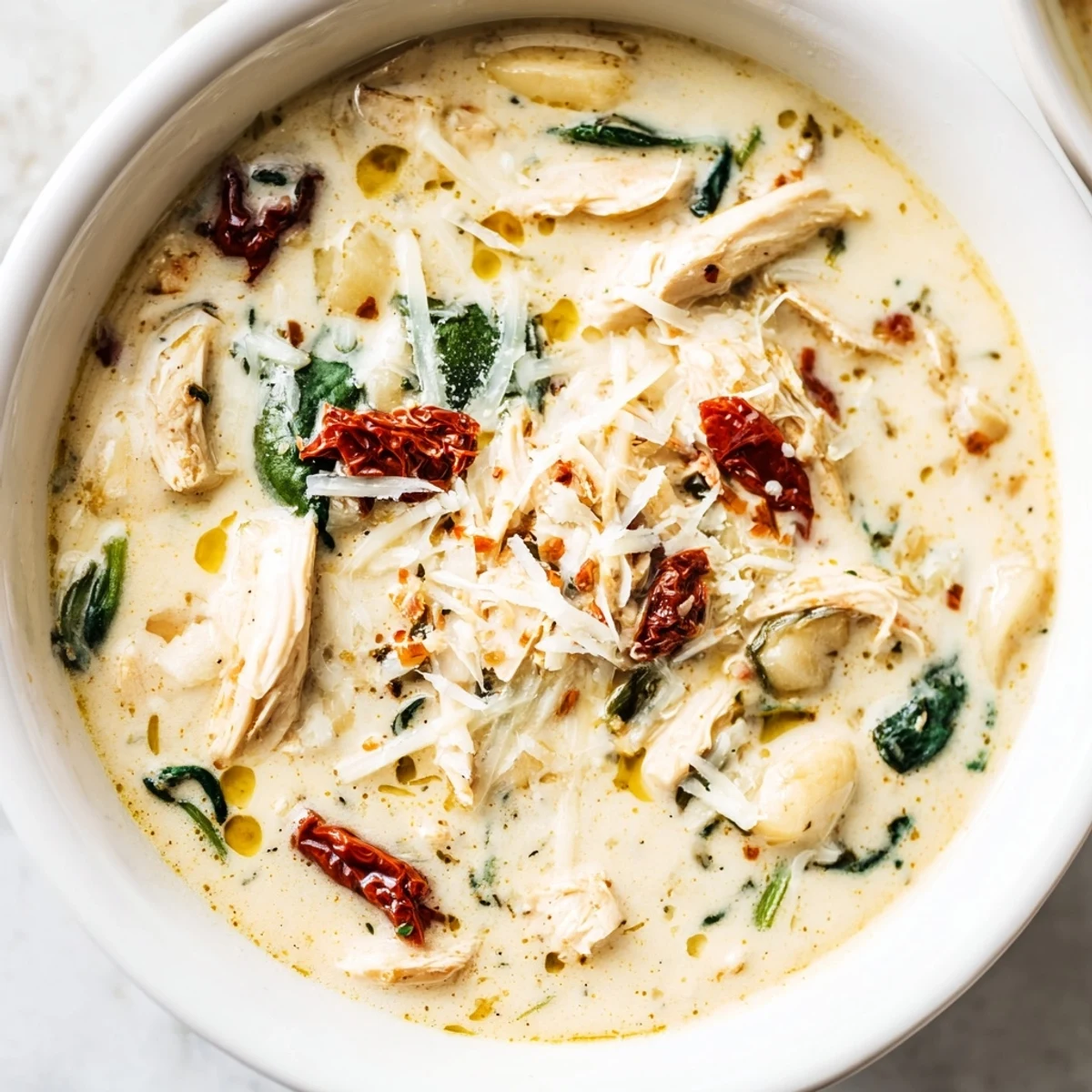 A warm bowl of Creamy Tuscan Chicken Soup topped with Parmesan and herbs, served beside crusty artisan bread for dipping.