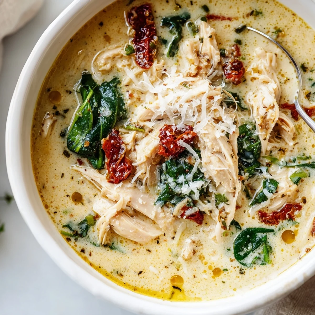 Close-up of Creamy Tuscan Chicken Soup in a white bowl, featuring tender shredded chicken, wilted spinach, and vibrant sun-dried tomatoes.