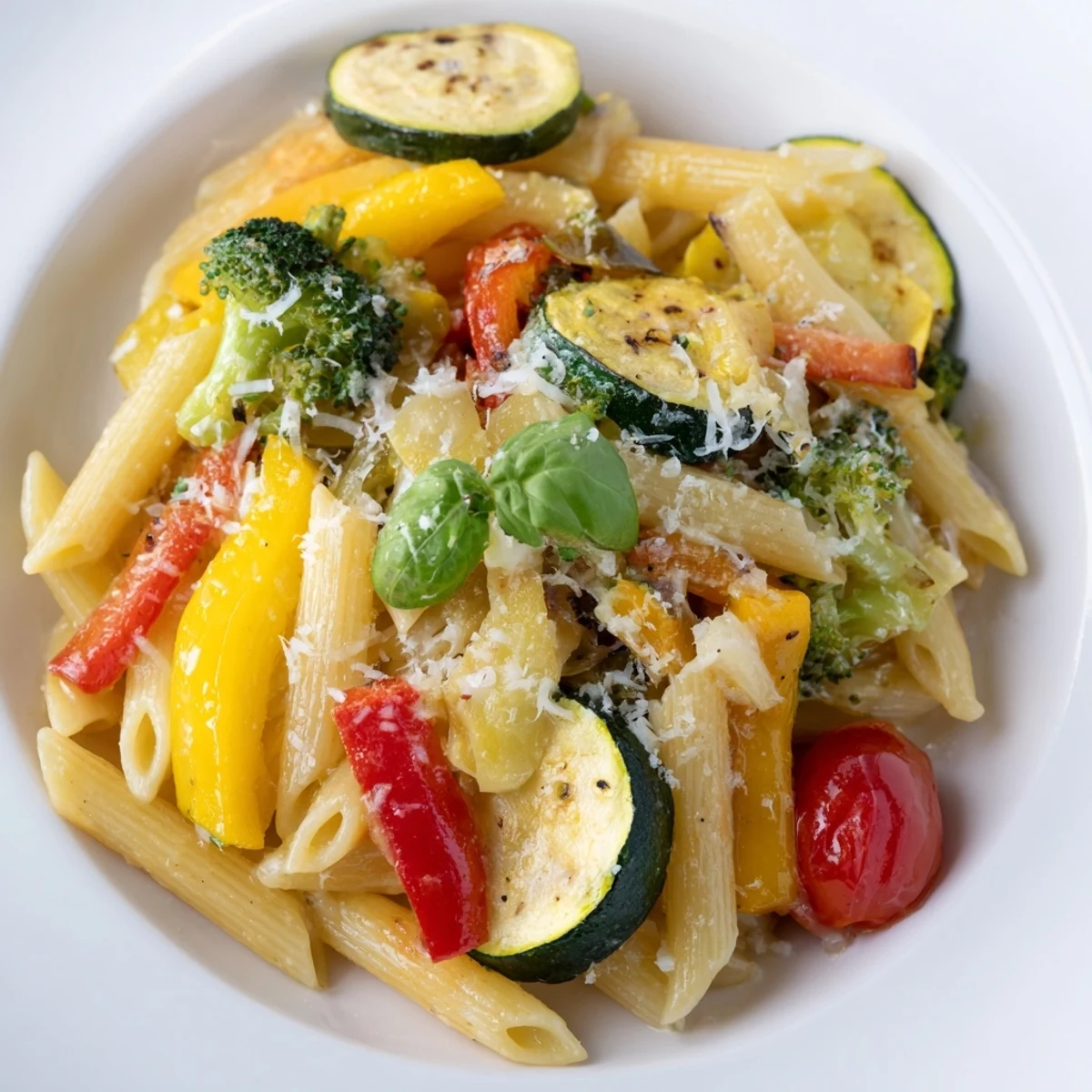 Golden roasted zucchini, bell peppers, and cherry tomatoes tossed with penne pasta in a garlic and olive oil sauce, finished with fresh Parmesan and basil.