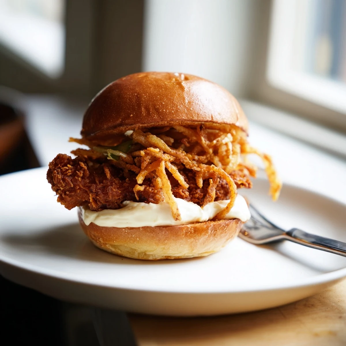 Golden brown fried chicken thighs with crunchy onions and lettuce on a soft brioche bun, drizzled with garlic aioli.