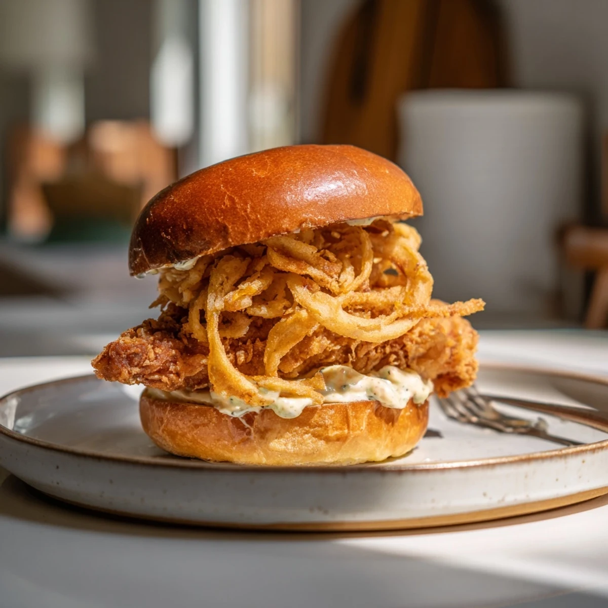 Homemade Crispy Onion Chicken Sandwich with a crispy crust, tangy aioli, and a generous layer of fried onions.