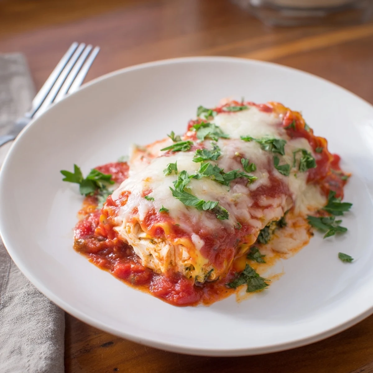 Golden-brown Chicken and Spinach Lasagna Rolls served with a side salad and garlic bread for a complete dinner.