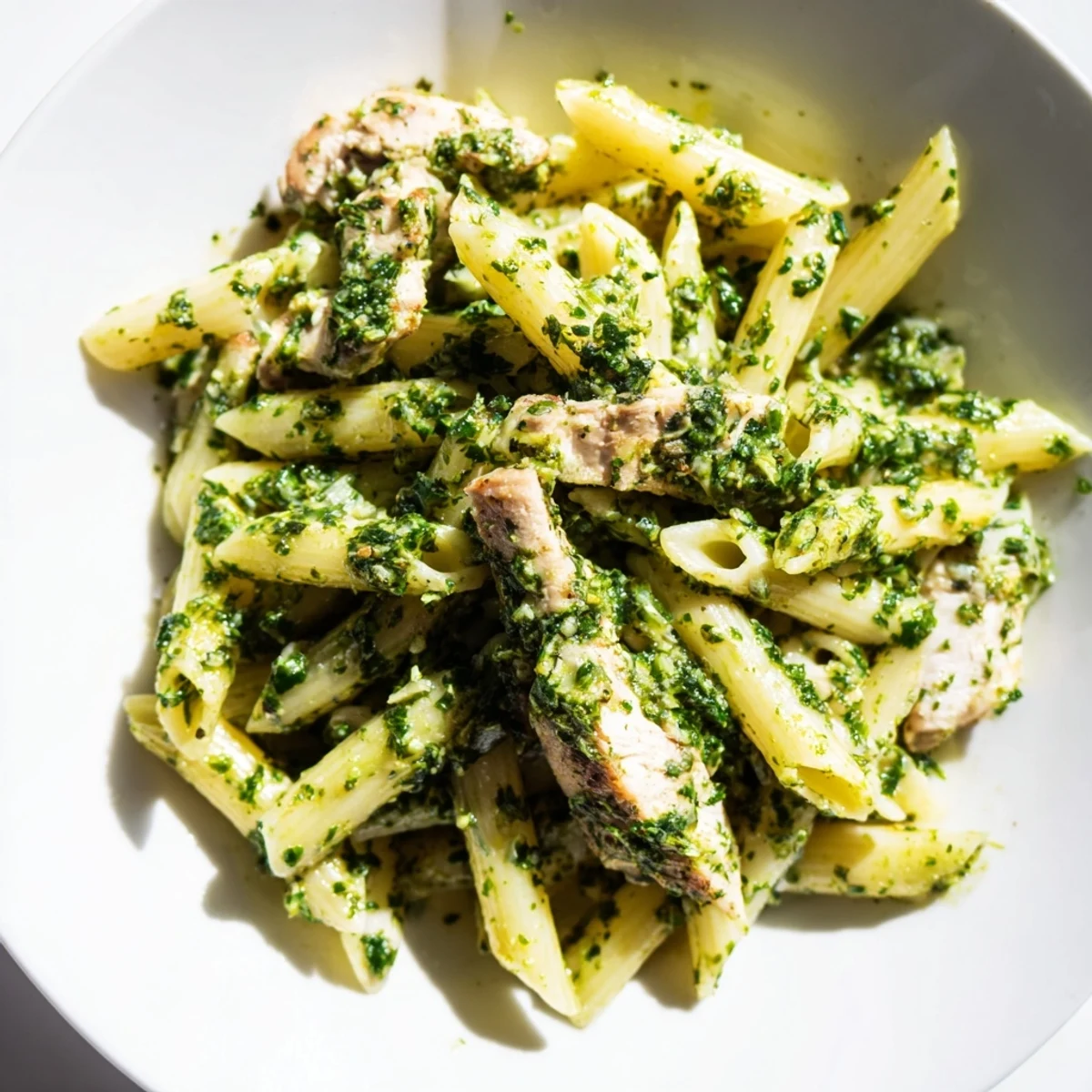 The vibrant, herby Chimichurri Chicken Pasta features juicy grilled chicken and al dente penne tossed in a bold green sauce.