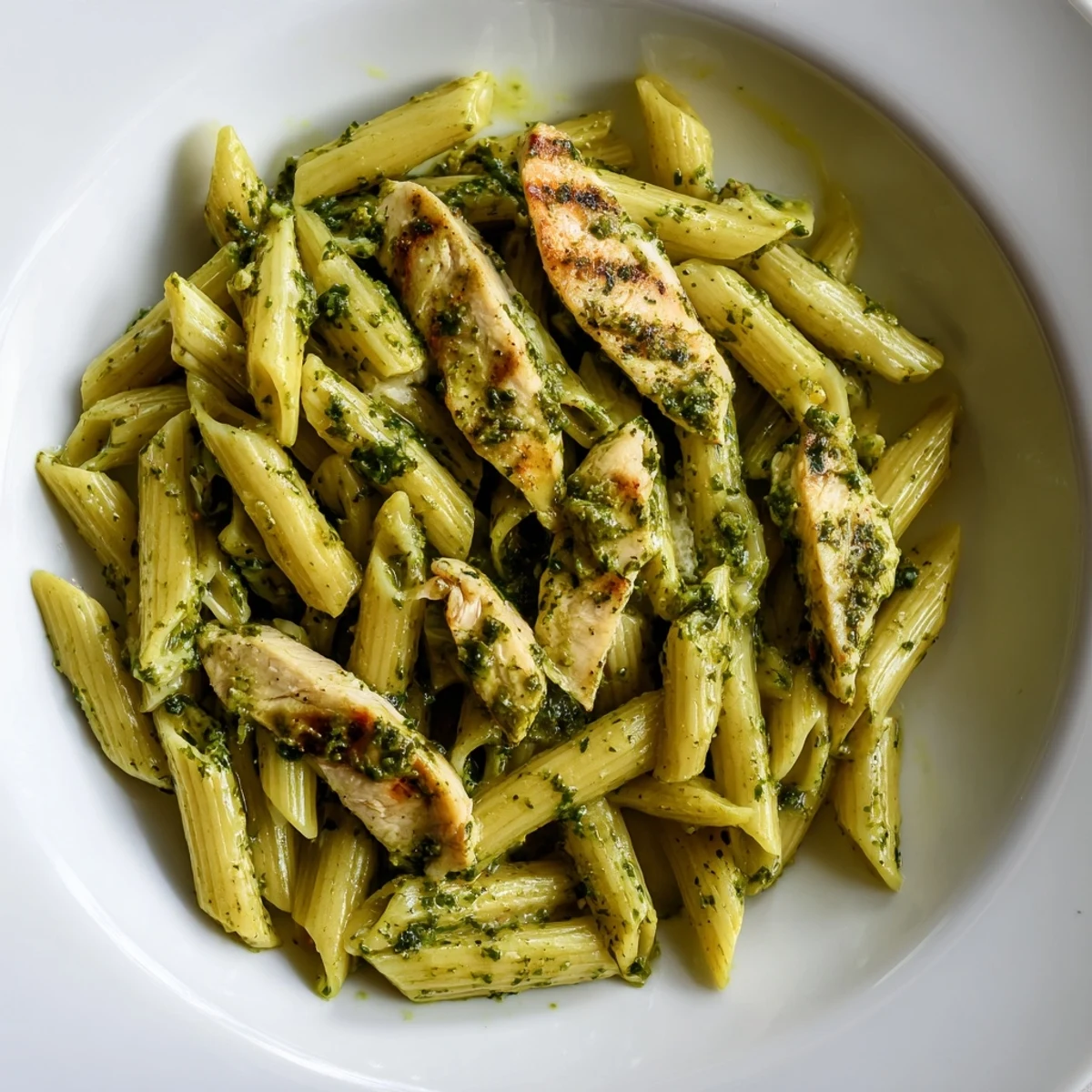 A close-up of Chimichurri Chicken Pasta highlights glossy, herb-speckled sauce coating every noodle and tender, smoky chicken pieces.