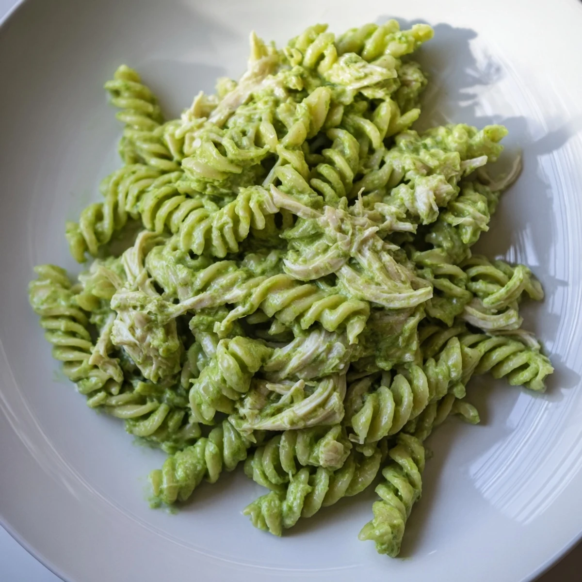 A vibrant Cilantro Lime Chicken Pasta with rotini and shredded chicken in a bright green yogurt sauce.  
