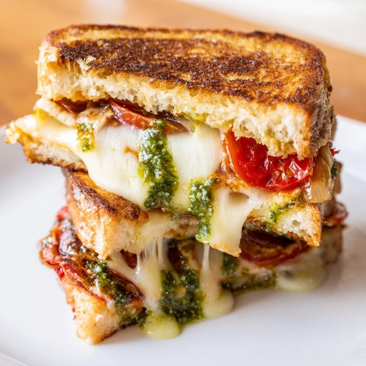 Golden-brown Roasted Tomato Pesto Grilled Cheese oozing melted mozzarella and cheddar on rustic sourdough.