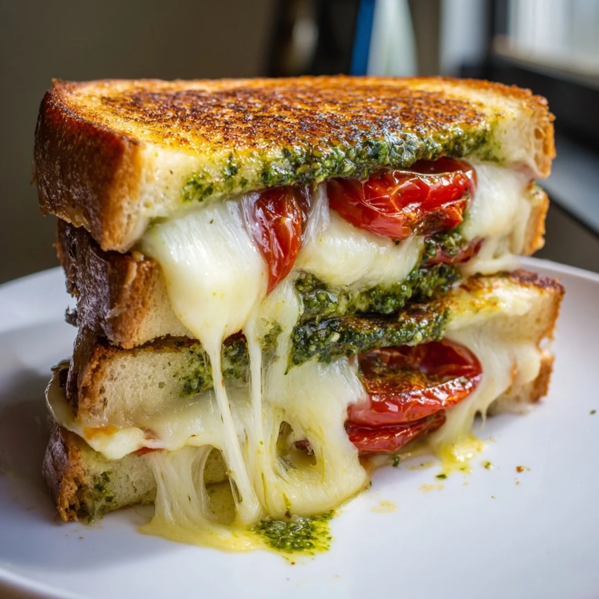 A close-up of the gourmet sandwich cut in half, revealing caramelized roasted tomatoes and basil pesto.
