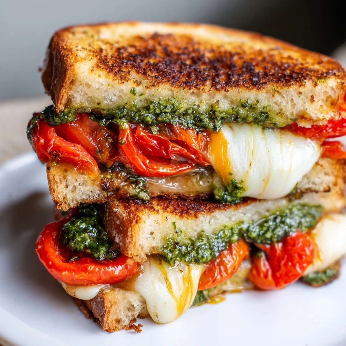 Crusty grilled bread layered with mozzarella, cheddar, and roasted tomatoes, served with a green salad.