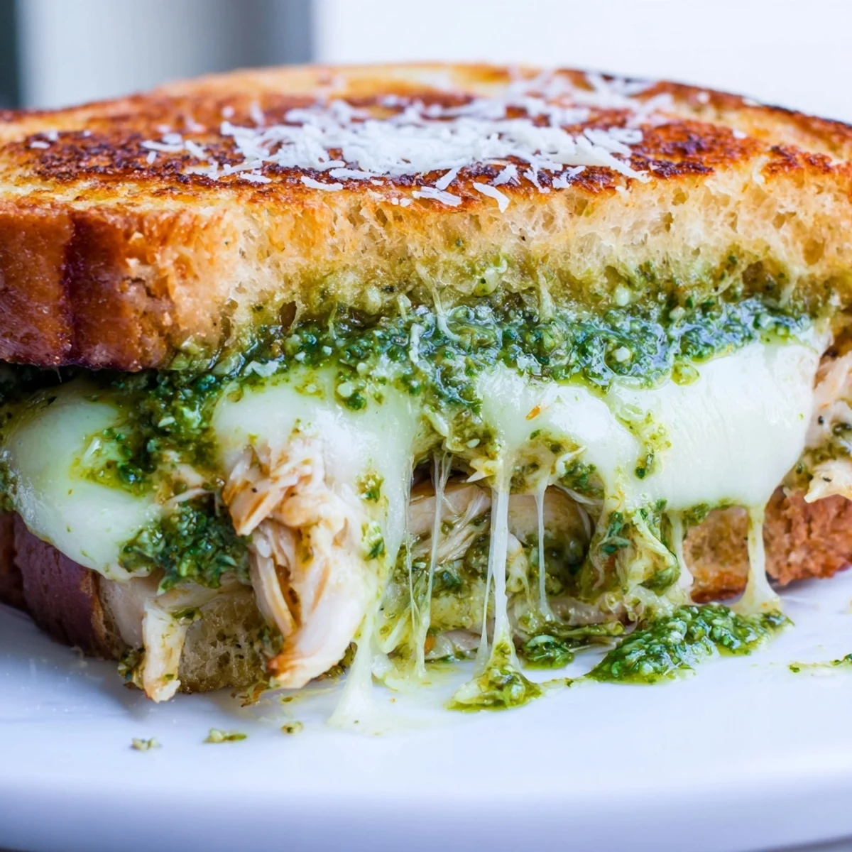 A close-up view of a Mozzarella Pesto Chicken Grilled Cheese with a side of sliced tomatoes and fresh basil leaves.